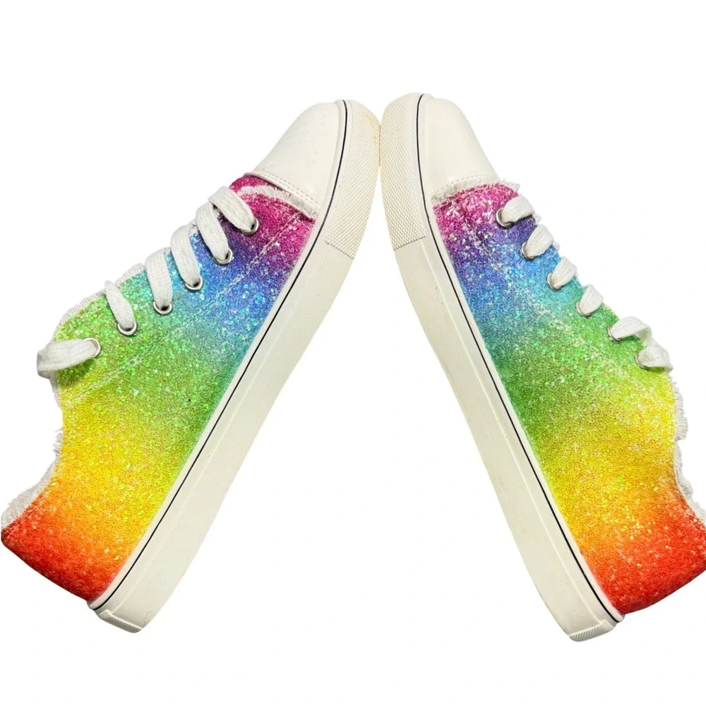 Rainbow Glitter Ombre Lace Up Sneakers Low Top White Toe Cap Size 43 M-9.5 W-11